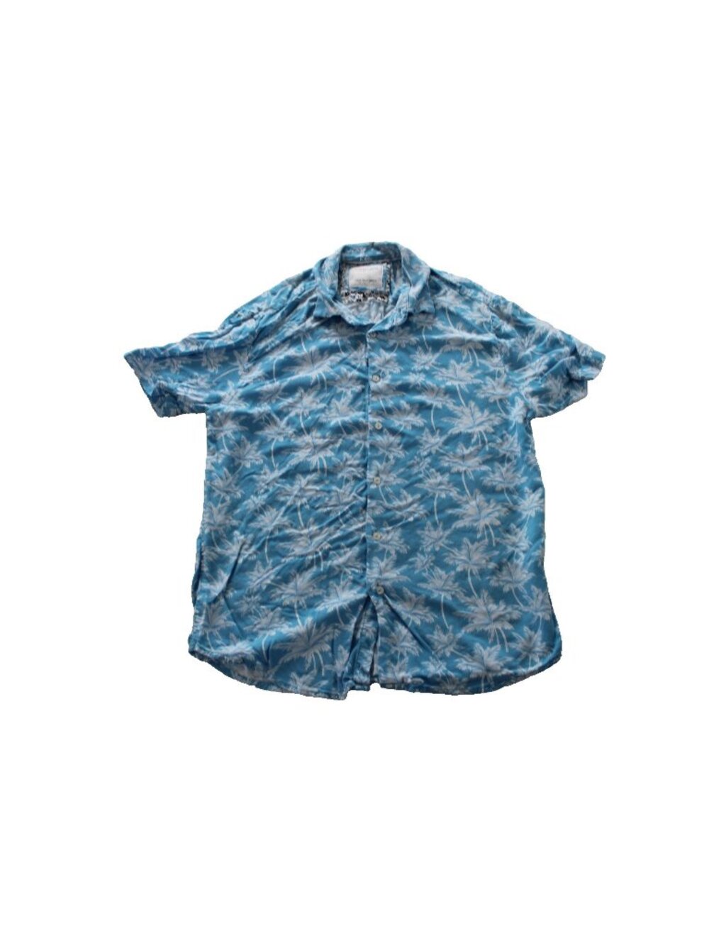Denim & Flower Mens S Blue White Palm Tree Tropical Short Sleeve Button Up Shirt